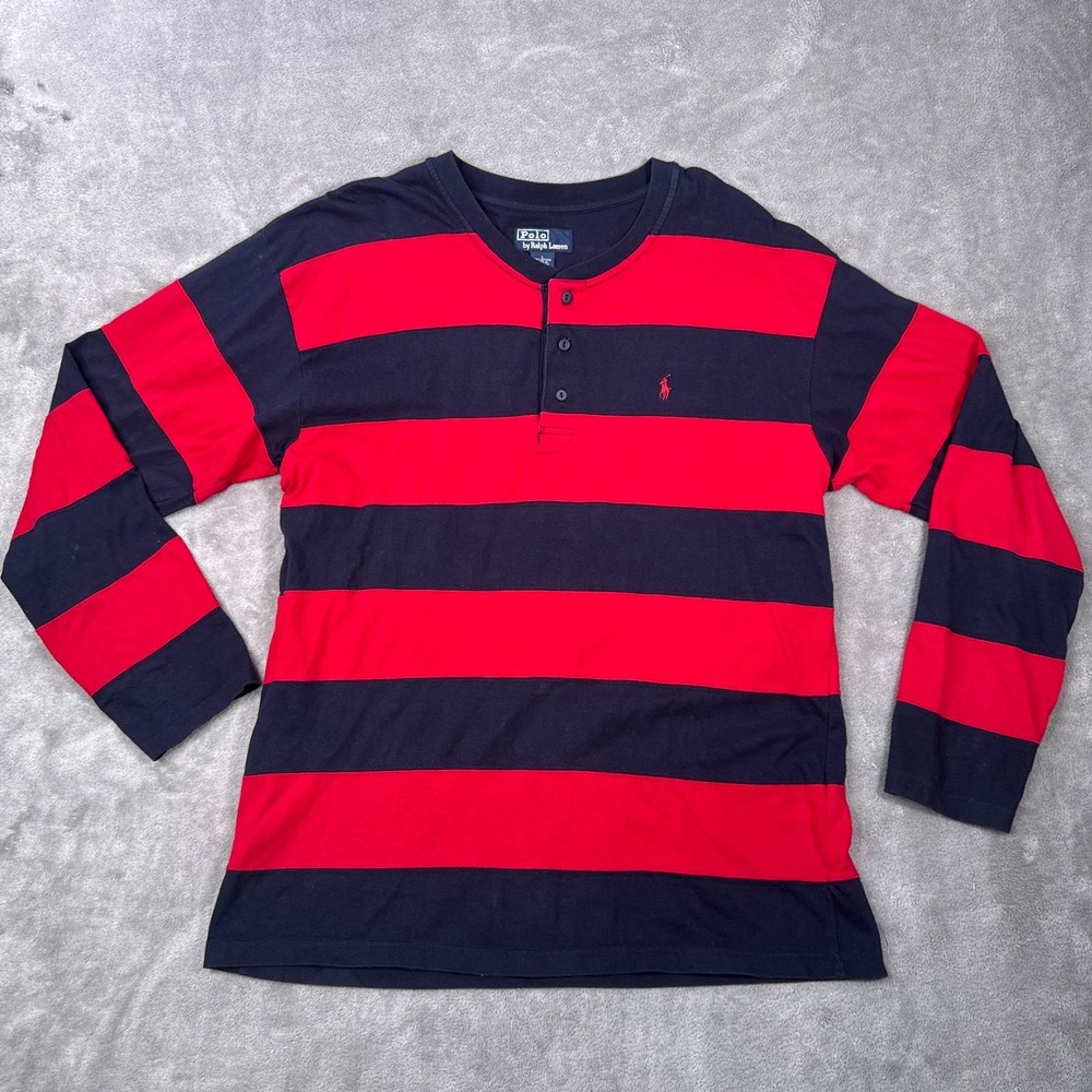 Polo Ralph Lauren Henley Shirt Mens L Red Rugby Striped Vintage 90s Long Sleeve